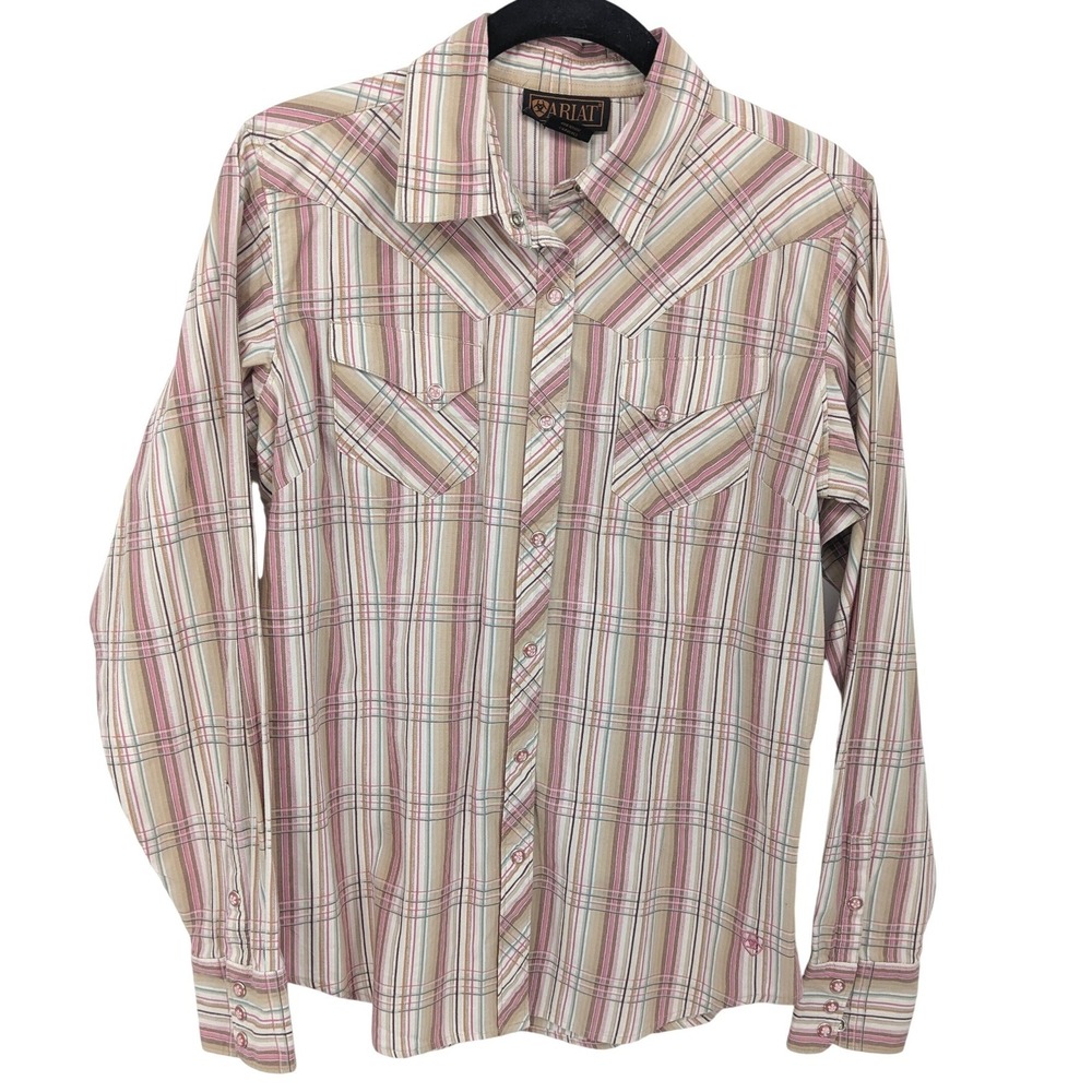 Ariat Long Sleeve Shirt Women Medium Pink Plaid Snap Front Western Rodeo Cowgirl
